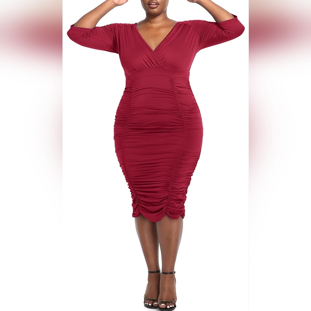 POSESHE Women's Plus Size Sexy Bodycon Party Dress Long Sleeve Midi Club Dresses